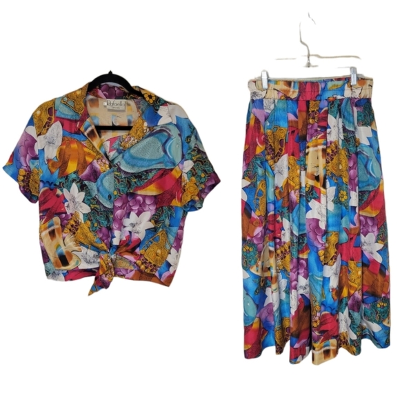 *set* Vintage Rafaella 100% silk pleated skirt with silk tie blouse Women's M/L - Picture 1 of 15